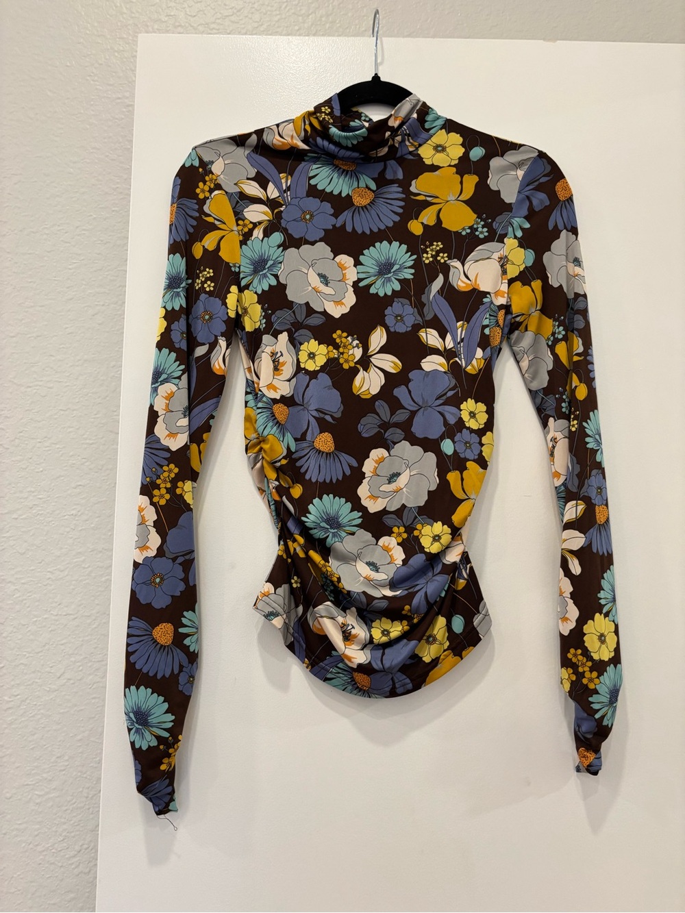 Zara vibrant Floral Daisy Mock Turtle Neck Long Sleeve Top ruched sleeves 60s S